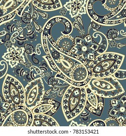 Paisley seamless pattern with flowers in indian style. 