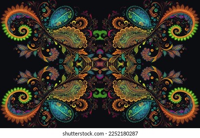 Un patrón ininterrumpido resplandece en el fondo oscuro. Resumen de la línea tradicional de paisley de la etnia tribal tradicional de antaño popular. La textura textil de la ilustración vectorial ornamenta el elegante estilo de lujo.
