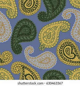 Paisley Seamless Pattern. Hand Drawn Zentangle Scanned and Traced to Vector. Vintage Colors. Persian Ornament also known as Mango Seed, Teardrop, Droplet, Buta or Welsh Pears