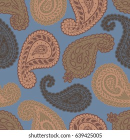 Paisley Seamless Pattern. Hand Drawn Zentangle Scanned and Traced to Vector. Vintage Colors. Persian Ornament also known as Mango Seed, Teardrop, Droplet, Buta or Welsh Pears