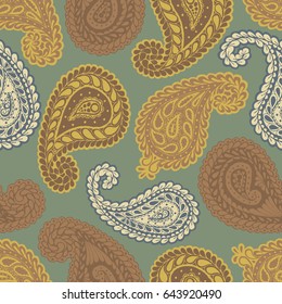 Paisley Seamless Pattern. Hand Drawn Zentangle Scanned and Traced to Vector. Vintage Colors. Persian Ornament also known as Mango Seed, Teardrop, Droplet, Buta or Welsh Pears