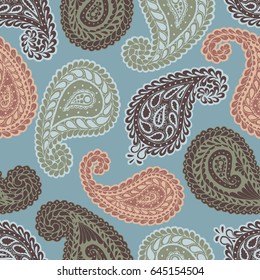 Paisley Seamless Pattern. Hand Drawn Zentangle Scanned and Traced to Vector. Vintage Colors. Persian Ornament also known as Mango Seed, Teardrop, Droplet, Buta or Welsh Pears