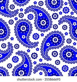 Paisley seamless pattern. Indian cucumber.  Oriental decorative ornament.A blue ornament on a white background .