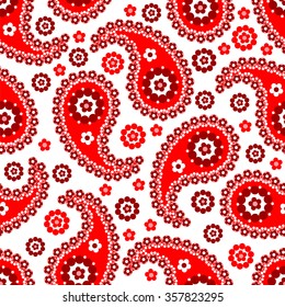 Paisley seamless pattern. Indian cucumber. Oriental decorative ornament.Red pattern on a white background.