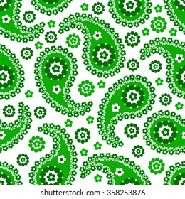 Paisley seamless pattern. Indian cucumber. Oriental decorative ornament. Green pattern on a white background
