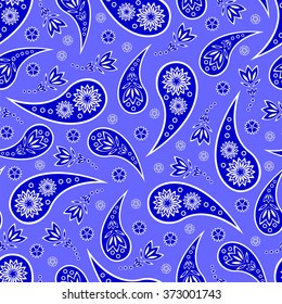 Paisley seamless pattern. Indian cucumber. Oriental decorative ornament. Blue.