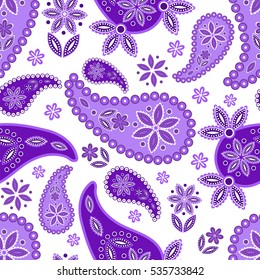 Paisley seamless pattern. Indian cucumber. Oriental decorative ornament. . Purple on a white background