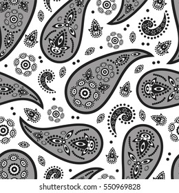 Paisley seamless pattern. Indian cucumber. Oriental decorative ornament Black and white