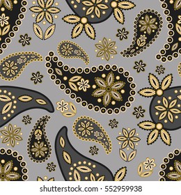 Paisley seamless pattern. Indian cucumber. Oriental decorative ornament black and yellow 
