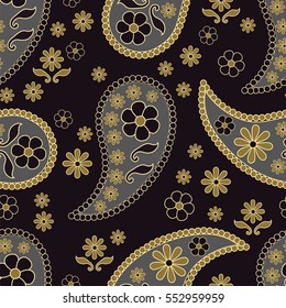 Paisley seamless pattern. Indian cucumber. Oriental decorative ornament black and yellow 
