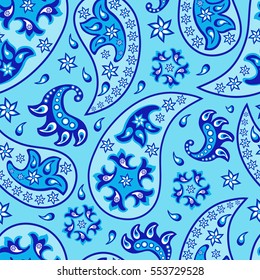 Paisley seamless pattern. Indian cucumber. Oriental decorative ornament blue