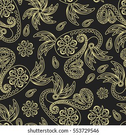 Paisley seamless pattern. Indian cucumber. Oriental decorative ornament black and yellow