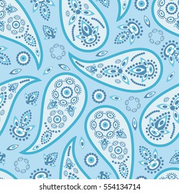 Paisley seamless pattern. Indian cucumber. Oriental decorative ornament, blue