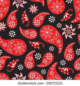 Paisley seamless pattern. Indian cucumber. Oriental decorative ornament red and black.