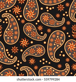 Paisley seamless pattern. Indian cucumber. Oriental decorative ornament. Black and orange Vector.