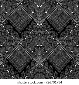 Paisley seamless pattern. Isolated abstract floral background. Vector lace paisley flowers wallpaper. Hand drawn elegance line art tracery ornaments with geometric shapes, rhombus. Flowery design. 