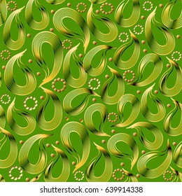 Paisley seamless pattern. Light green floral background wallpaper illustration with vintage hand drawn gold paisley flowers and line art tracery ornaments. Vector texture for fabric, textile, prints