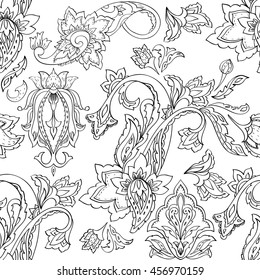 Paisley seamless pattern. Monochrome hand drawn floral motif for coloring page, book, wrapping, wallpaper. Vector illustration