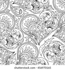 Paisley seamless pattern. Monochrome hand drawn heart  motif for coloring page, book, wrapping, wallpaper. Vector illustration