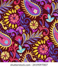 paisley seamless pattern on background. allover composition. beautiful paisleys with floral motives.