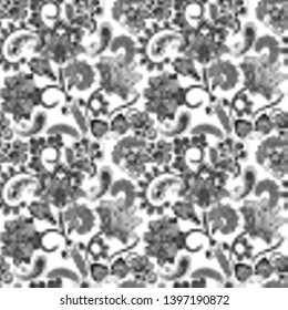 Paisley seamless pattern on black background, oriental pattern, black and white vector illustration