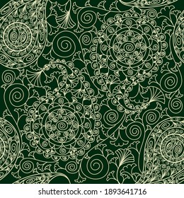 Patrón paisley sin fisuras sobre fondo verde.