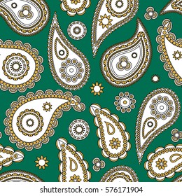 Paisley seamless pattern on lush meadow background