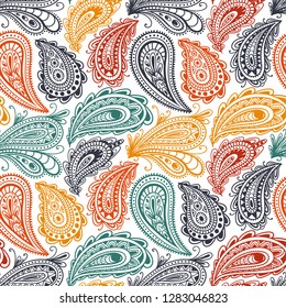 Paisley seamless pattern. Ornament for textiles drawn in the style of the doodle. Ethnic and tribal motifs. Vector illustration.