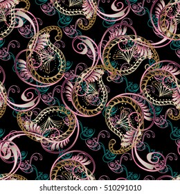 Patrón transparente. Flores vintage 3d de vector rosa sobre el fondo negro. Papel pintado florido.Ornamentos decorativos orientales florecientes de paisajes