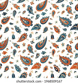 Paisley seamless pattern. Print Turkish cucumber for textiles. Cute floral kalamkari ornament. Grunge texture. Vector illustration.