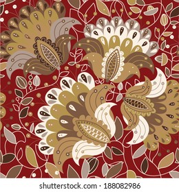 Paisley seamless pattern. Red indonesian batik. Stylized decorative flowers and plants wallpaper. Paisley floral backdrop. Design for cover, wrapping paper, carpet, fabric, textile