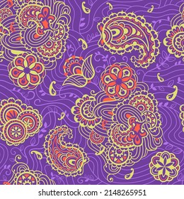 
Paisley seamless pattern. Refined, subtle yellow elements on a purple background. Fashionable ethnic patterns. Vector graphics.