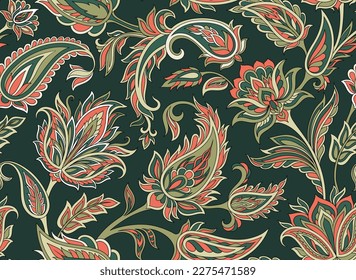 Paisley seamless pattern. Repeating design element for printing on fabric. Multicolored minimalistic leaves and flowers, floral patterns. Traditional Indian figures. Cartoon flat vector illustration