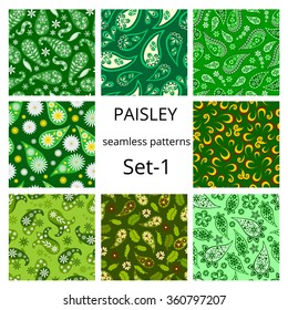 Paisley seamless pattern set .Green decorative ornaments