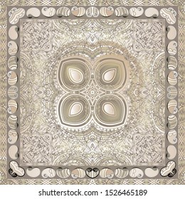 Paisley seamless pattern with square ornamental floral frame. Ornate ethnic style colorful background. Repeat vintage line art tracery ornaments. Surface patterned design for shawl, scarf, prints.
