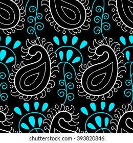 Paisley seamless pattern. Three colors floral  indonesian batik. Stylized decorative flowers and paisley wallpaper. Paisley floral backdrop. Design for cover, wrapping paper, carpet, fabric, textile