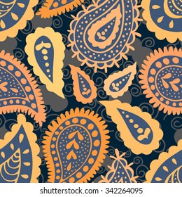 Paisley seamless pattern with traditional hand drawn motives.