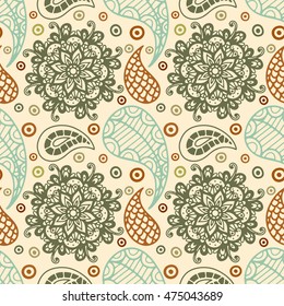 Paisley seamless pattern. Tribal art boho vintage print. Ethnic ornament. Repeating background texture. Fabric design, website decoration