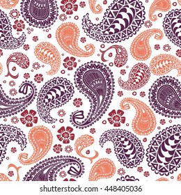 Paisley seamless pattern. Turkish cucumber. Coral, purple, burgundy curls on a white background. Handmade. Vector illustration.