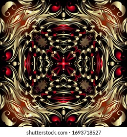 Paisley seamless pattern. Vector floral vintage ornamental background. Repeat glowing red backdrop. Ethnic tribal style oriental beautiful ornament, Gold paisley flowers, leaves, shapes. Ornate design