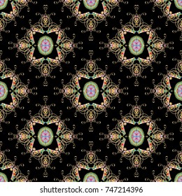 Paisley seamless pattern. Vector floral black arabesque background with colorful oriental paisley flowers, ethnic mosaic ornaments. Oriental design. Ornate tribal wallpaper. Ornamental fabric texture