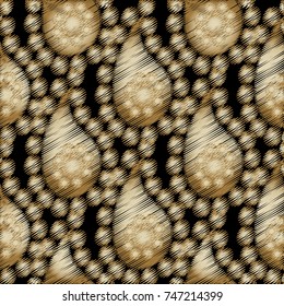 Paisley seamless pattern. Vector floral black grunge background with gold embroidery 3d paisley flowers, circle dots and ethnic ornaments. Oriental design. Surface tribal tapestry wallpaper. 