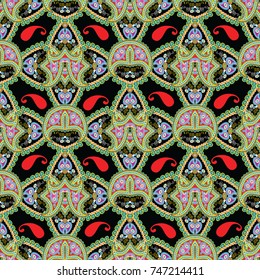 Paisley seamless pattern. Vector floral black arabesque background with colorful oriental paisley flowers and ethnic tiled ornaments. Floral design. Ornate tribal wallpaper. Ornamental fabric texture