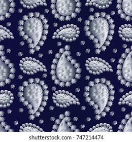 Paisley seamless pattern. Vector floral dark blue grunge background with white embroidery 3d paisley flowers, circle dots and ethnic ornaments. Oriental design. Ornate tribal tapestry wallpaper. 