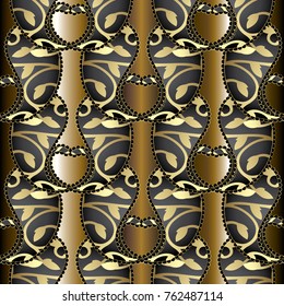 Paisley seamless pattern. Vector floral golden background with 3d gold black ornamental patterned paisley flowers and line art tracery oriental ornaments. Luxury design for fabric, wallpapers, prints.