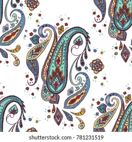 Paisley seamless pattern. Vector hand drawn illustration. Indian background. Bohemian ethnic print