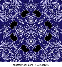 Patrón transparente. Fondo azul ornamental vectorial. Flores, hojas, formas, líneas de tracería pintadas de época. El estilo étnico decorativo se repite en segundo plano. Los adornos de líneas blancas elegantes.