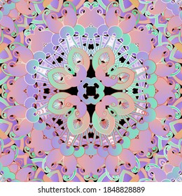 Patrón ininterrumpido. Fondo con patrones de época. El estilo étnico vectorial paisley flores con hojas, formas. Repetir los adornos coloridos. Diseño decorativo y ornamentado para tapicería, estampado, tela.