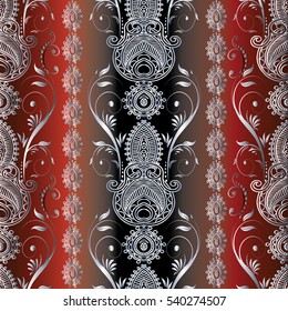 Paisley seamless pattern wallpaper background illustration with vintage decorative  flowers leaves and  stripe vertical border ornaments.