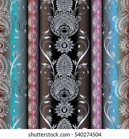 Paisley seamless pattern wallpaper illustration with vintage decorative  flowers leaves and  stripe vertical border pattern ornaments.floral 3d background.